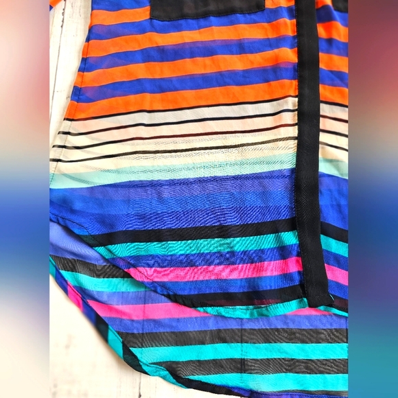 Bisou Bisou Bold Bright Colorful Striped Chiffon Sheer Button up Blouse Top - Picture 11 of 13